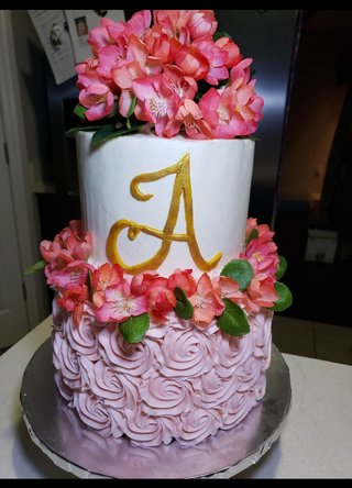 A 2 tiers pink Rosete cake